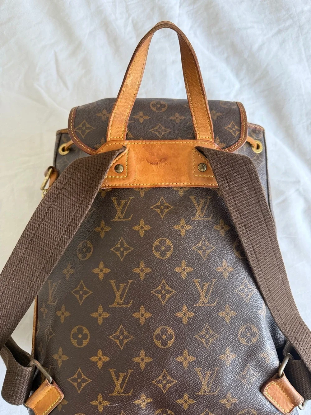 Louis Vuitton Brown Monogram Canvas Backpack with Tan Leather Trim
